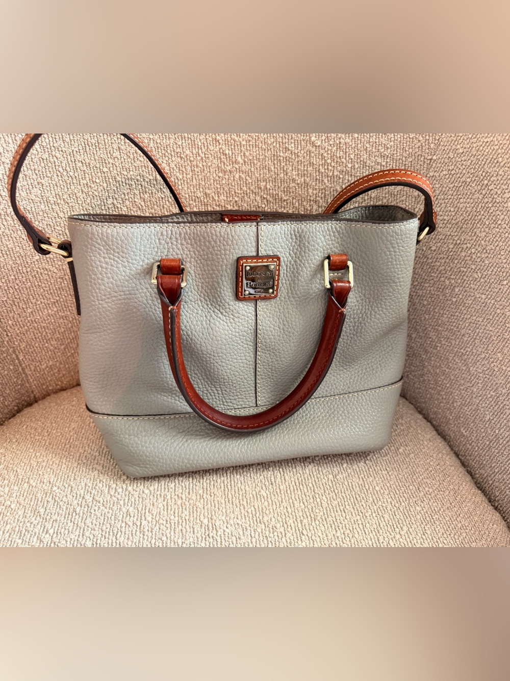 Dooney & Bourke Gray Pebble Leather Tote with Brown Handles Mini Chelsea Shopper